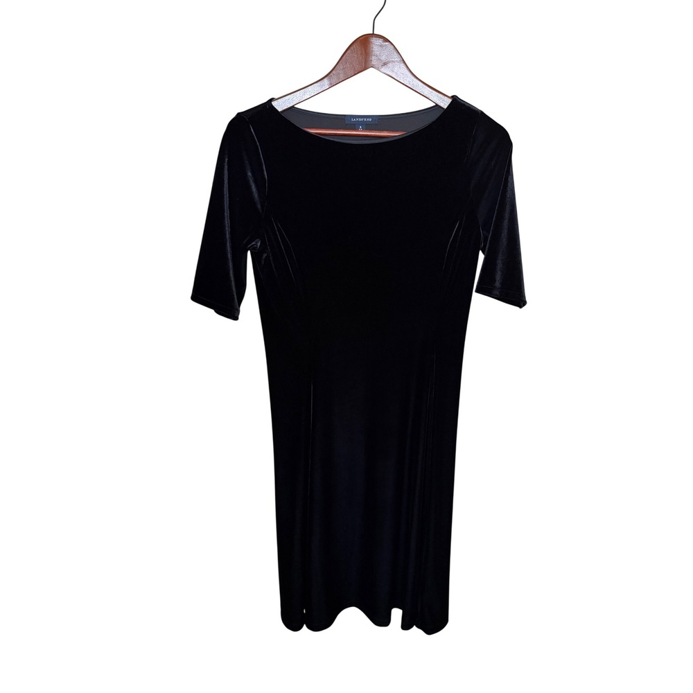 Lands End Black Velvet Elbow Sleeve Sheath Dress Women Small 6-8 Boat Neck